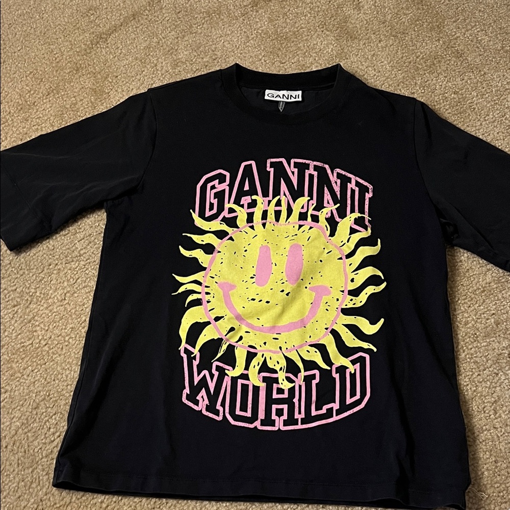 Ganni Black Tee with Yellow Sun and Pink Text
